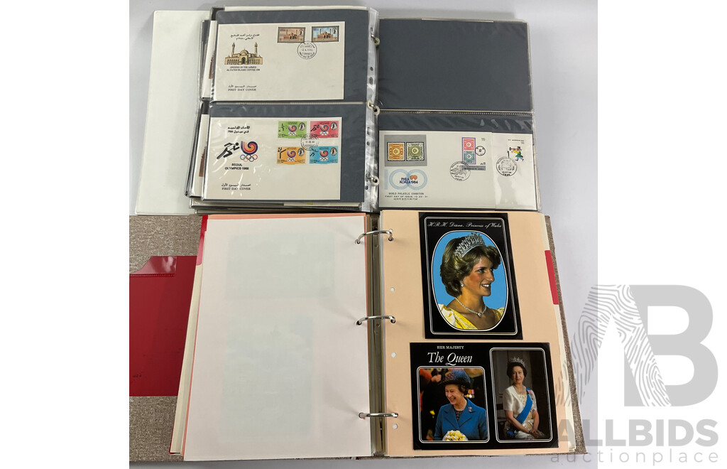 Two Albums of International First Day Covers and Post Cards Including Bahrain, Denmark, Indonesia, Philippines, Budapest, Korea, France, England, Ireland, Germany, Hong Kong