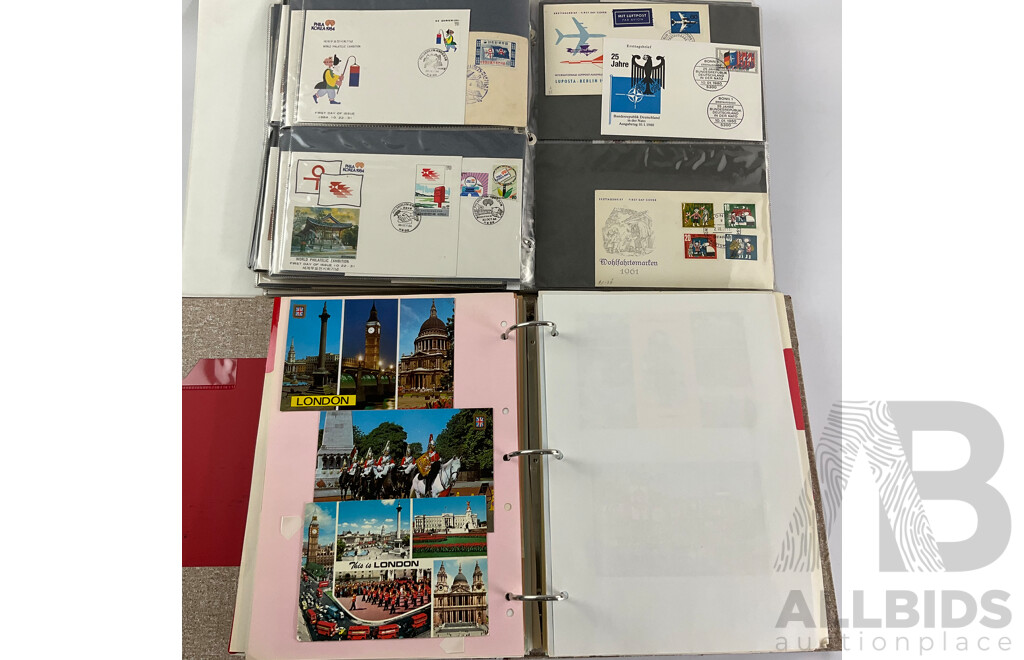 Two Albums of International First Day Covers and Post Cards Including Bahrain, Denmark, Indonesia, Philippines, Budapest, Korea, France, England, Ireland, Germany, Hong Kong