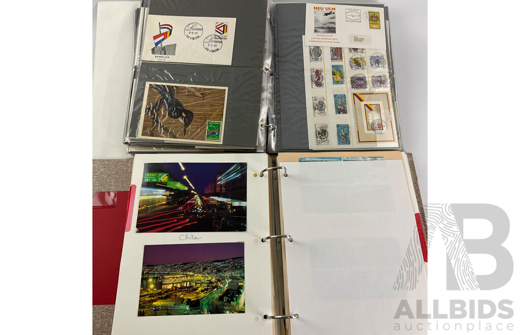 Two Albums of International First Day Covers and Post Cards Including Bahrain, Denmark, Indonesia, Philippines, Budapest, Korea, France, England, Ireland, Germany, Hong Kong