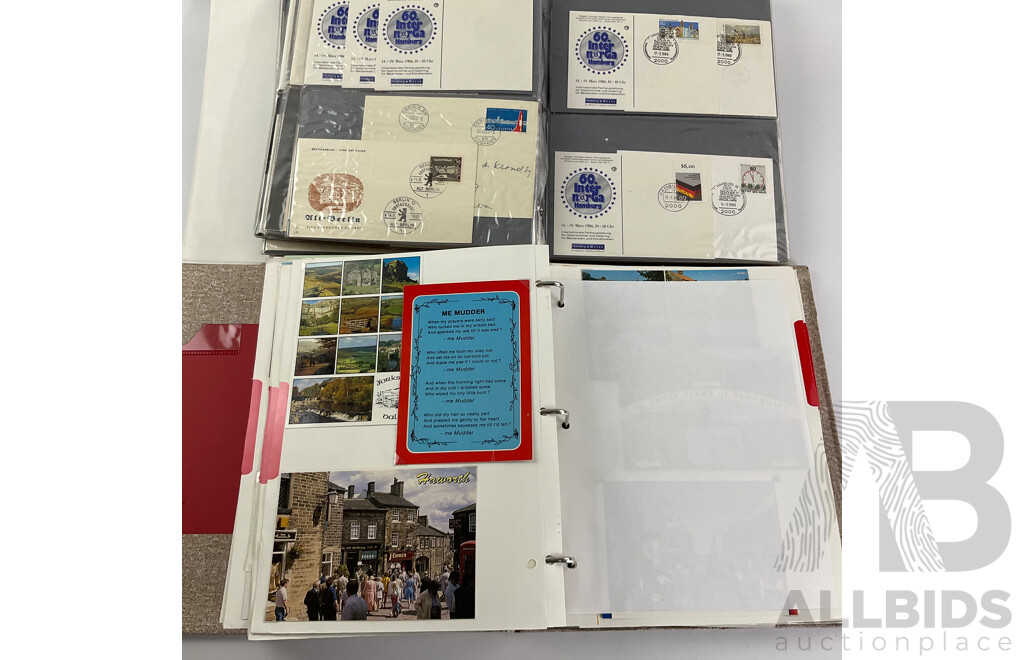 Two Albums of International First Day Covers and Post Cards Including Bahrain, Denmark, Indonesia, Philippines, Budapest, Korea, France, England, Ireland, Germany, Hong Kong