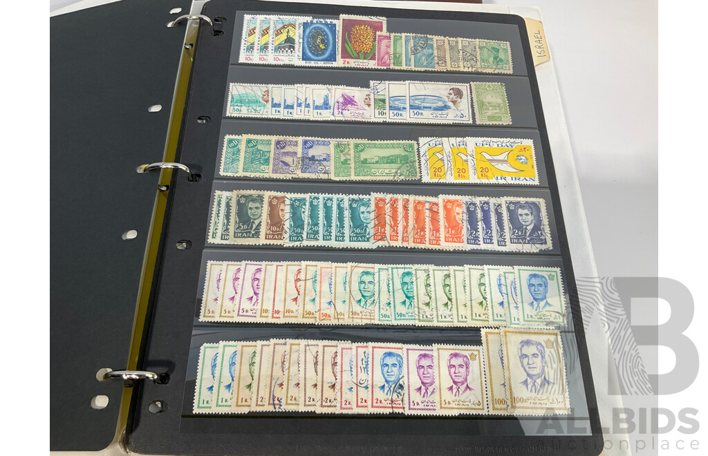 Six Albums of Cancelled Stamps and Prepaid Envelopes Including Australia, Iran, Israel, Spain, Singapore, Poland, Hong Kong