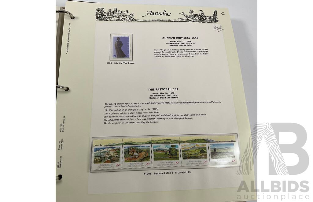Seven Seas Album of Australian Stamps, Spanning 1984 to 1990, Multiple Sets of Each Year, Mostly Mint, Including Mint Twenty Dollar John Glover Painting