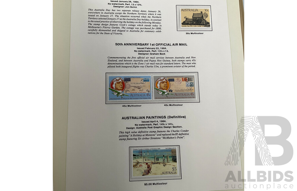 Seven Seas Album of Australian Stamps, Spanning 1984 to 1990, Multiple Sets of Each Year, Mostly Mint, Including Mint Twenty Dollar John Glover Painting