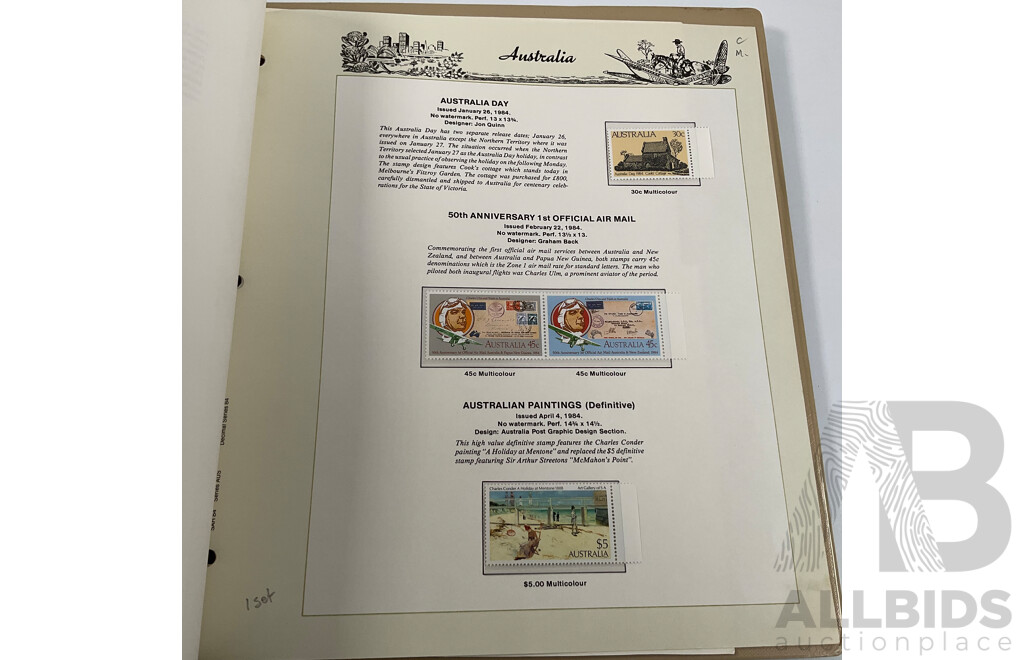 Seven Seas Album of Australian Stamps, Spanning 1984 to 1990, Multiple Sets of Each Year, Mostly Mint, Including Mint Twenty Dollar John Glover Painting