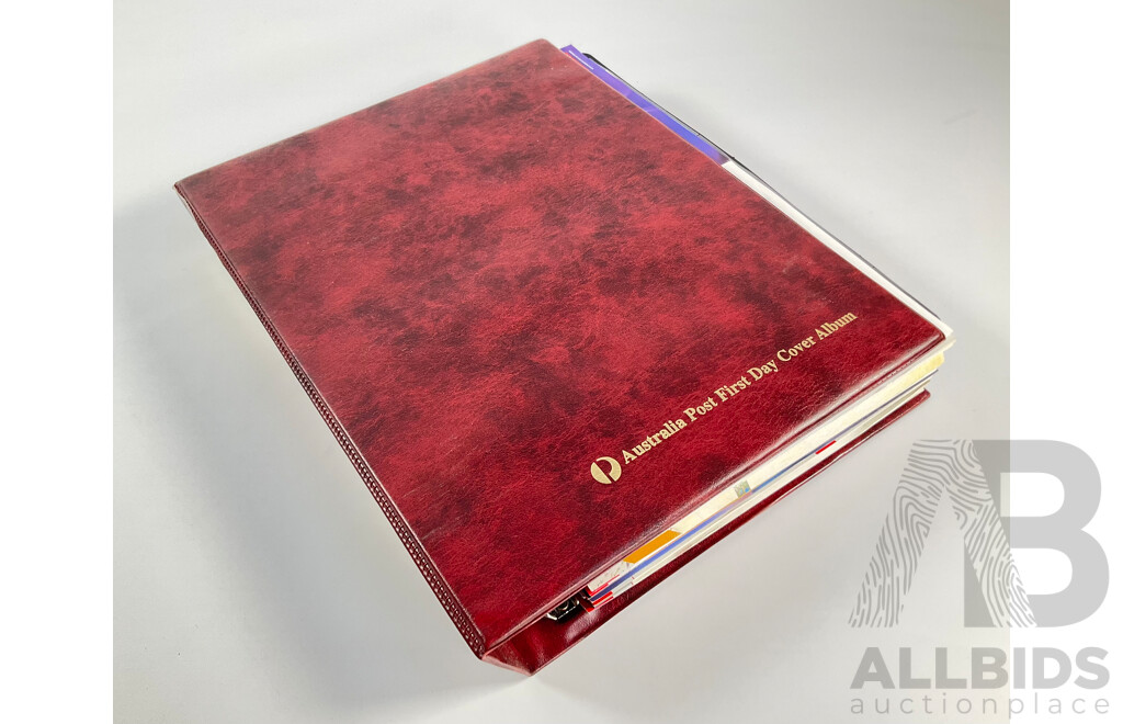 Album of Australian Mint Stamp Prestige Books, Strips, Mini Sheets, First Day Covers and Stamp Bulletins, Years 2001, 2002, 2003, 2004, 2005 Including Rare Albert Park FDC Post Cards, Peter Brock, Sir Jack Brabham