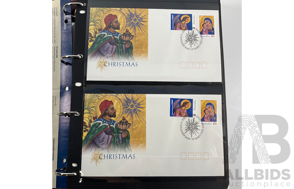 Album of Australian Mint Stamp Prestige Books, Strips, Mini Sheets, First Day Covers and Stamp Bulletins, Years 2001, 2002, 2003, 2004, 2005 Including Rare Albert Park FDC Post Cards, Peter Brock, Sir Jack Brabham