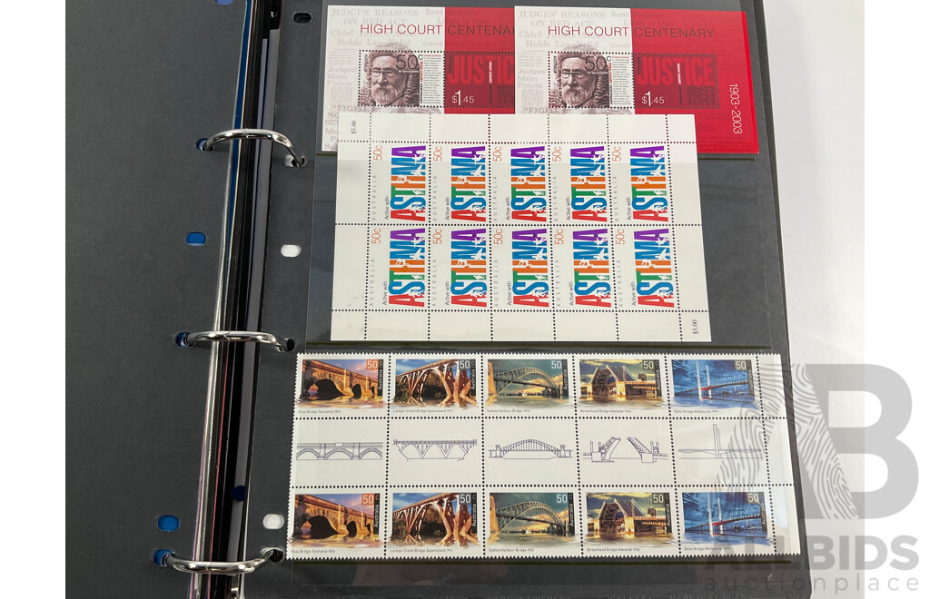 Album of Australian Mint Stamp Prestige Books, Strips, Mini Sheets, First Day Covers and Stamp Bulletins, Years 2001, 2002, 2003, 2004, 2005 Including Rare Albert Park FDC Post Cards, Peter Brock, Sir Jack Brabham