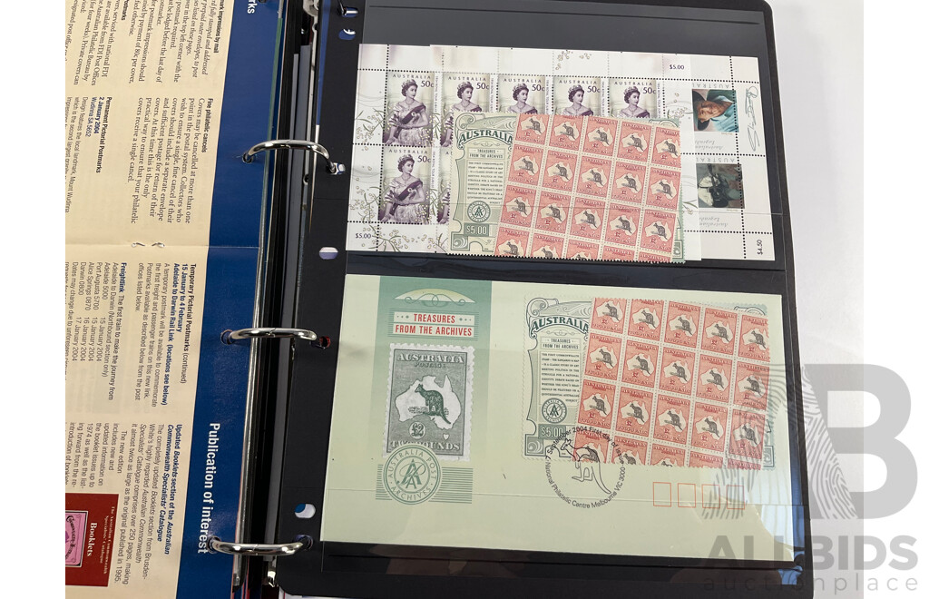 Album of Australian Mint Stamp Prestige Books, Strips, Mini Sheets, First Day Covers and Stamp Bulletins, Years 2001, 2002, 2003, 2004, 2005 Including Rare Albert Park FDC Post Cards, Peter Brock, Sir Jack Brabham