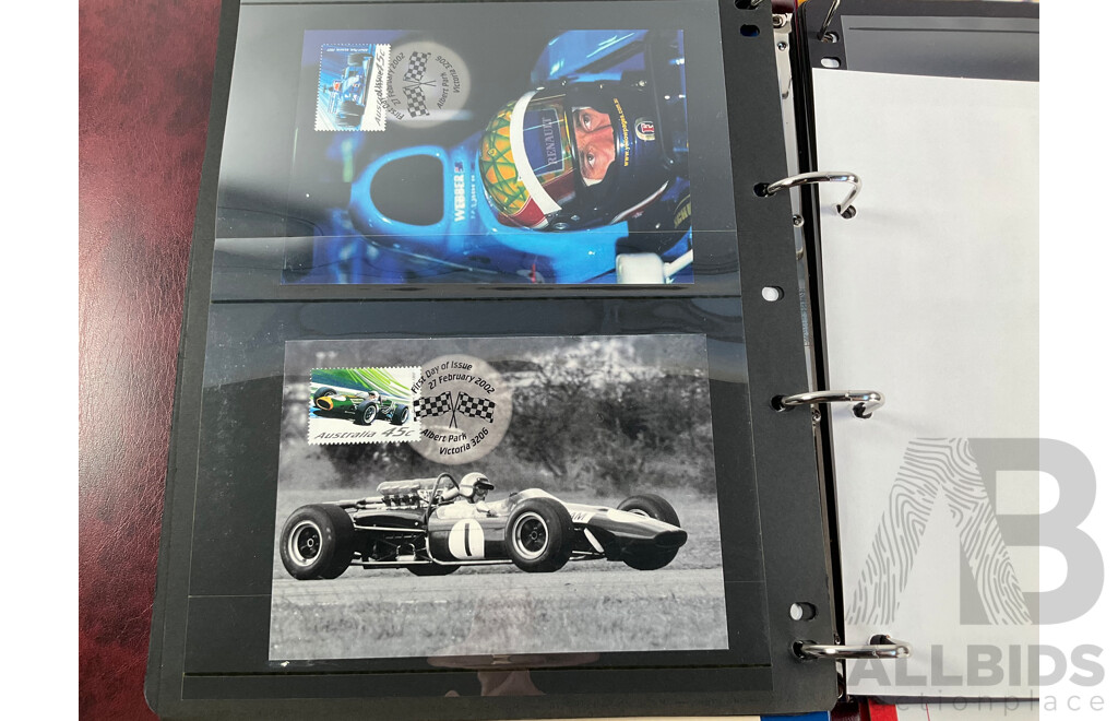 Album of Australian Mint Stamp Prestige Books, Strips, Mini Sheets, First Day Covers and Stamp Bulletins, Years 2001, 2002, 2003, 2004, 2005 Including Rare Albert Park FDC Post Cards, Peter Brock, Sir Jack Brabham