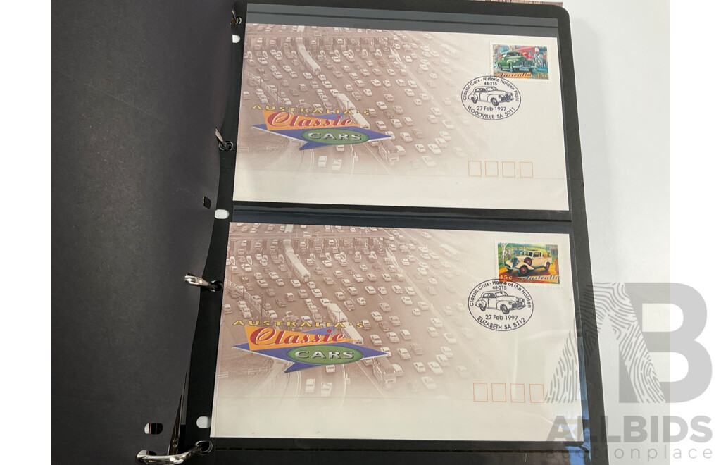 Album of Australian Mint Stamp Prestige Books, Strips, Mini Sheets, First Day Covers and Stamp Bulletins, Years 2001, 2002, 2003, 2004, 2005 Including Rare Albert Park FDC Post Cards, Peter Brock, Sir Jack Brabham