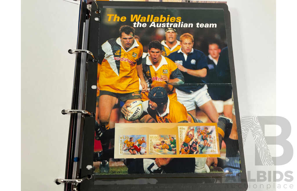 Album of Australian Mint Stamp Prestige Books, Strips, Mini Sheets, First Day Covers and Stamp Bulletins, Years 2001, 2002, 2003, 2004, 2005 Including Rare Albert Park FDC Post Cards, Peter Brock, Sir Jack Brabham