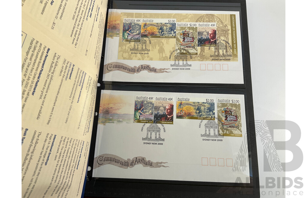 Album of Australian Mint Stamp Prestige Books, Strips, Mini Sheets, First Day Covers and Stamp Bulletins, Years 2001, 2002, 2003, 2004, 2005 Including Rare Albert Park FDC Post Cards, Peter Brock, Sir Jack Brabham