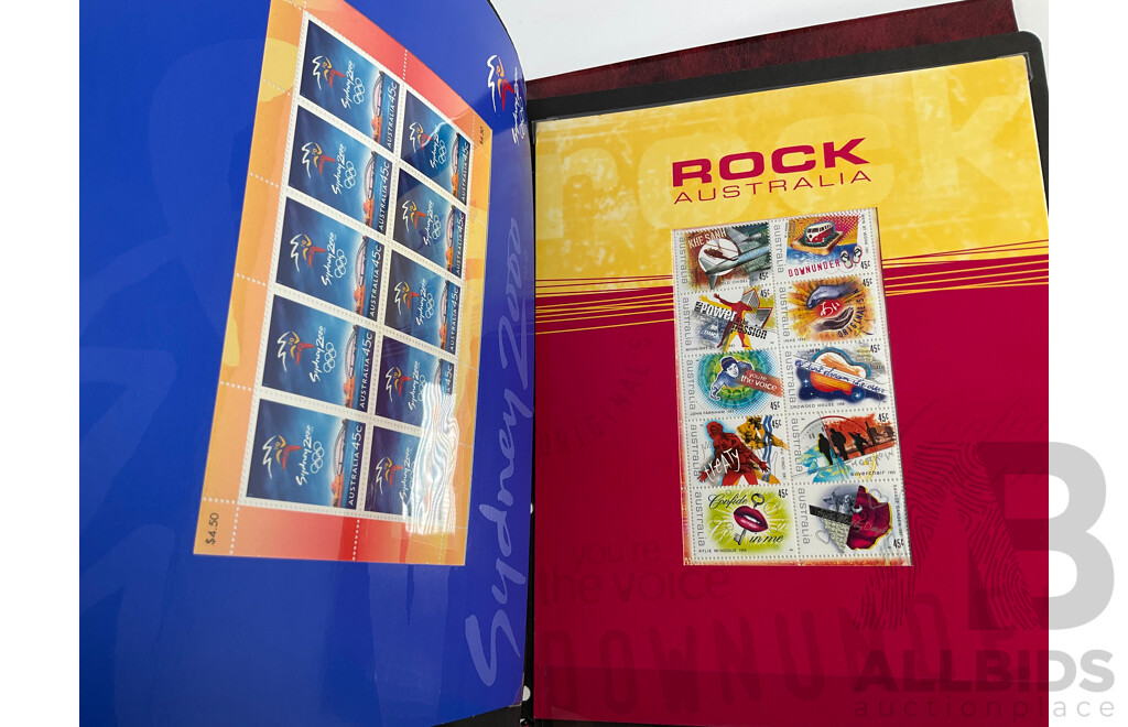 Album of Australian Mint Stamp Prestige Books, Strips, Mini Sheets, First Day Covers and Stamp Bulletins, Years 2001, 2002, 2003, 2004, 2005 Including Rare Albert Park FDC Post Cards, Peter Brock, Sir Jack Brabham