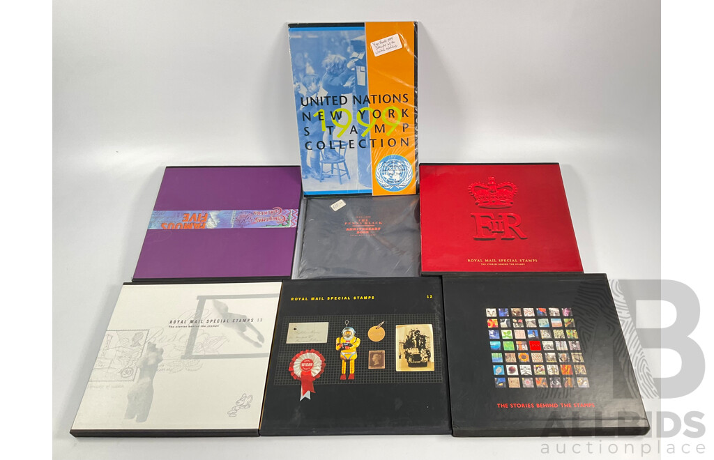 United Kingdom Royal Mail Annual Special Stamps Including Sets 12, 13, 15, Millennial Stamp Album, the Penny Black 1840-1990 Anniversary Book, United Nations New York Stamp Collection