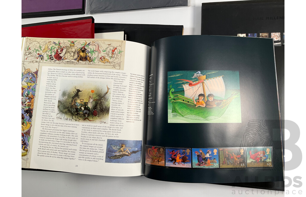 United Kingdom Royal Mail Annual Special Stamps Including Sets 12, 13, 15, Millennial Stamp Album, the Penny Black 1840-1990 Anniversary Book, United Nations New York Stamp Collection