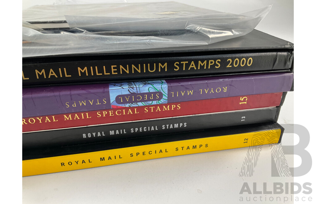 United Kingdom Royal Mail Annual Special Stamps Including Sets 12, 13, 15, Millennial Stamp Album, the Penny Black 1840-1990 Anniversary Book, United Nations New York Stamp Collection