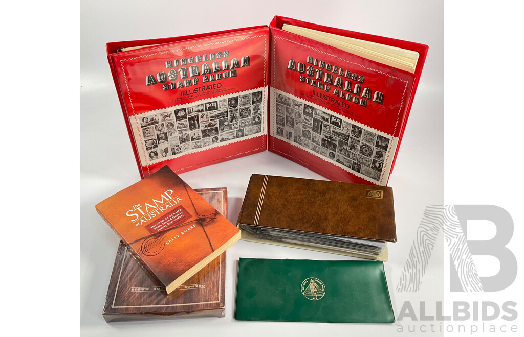 Album of Australian 1978/1979 First Day Covers with 1938 KGV Twopence Prepaid Envelope, Two Empty Seven Seas Hingeless Stamp Albums 1914 to 1985, Golden Days of Radio Postal Stamp Pack, The Stamp of Australia Book