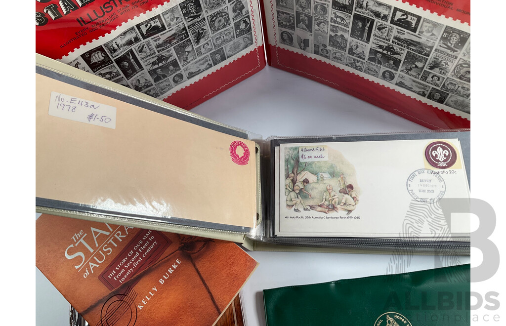 Album of Australian 1978/1979 First Day Covers with 1938 KGV Twopence Prepaid Envelope, Two Empty Seven Seas Hingeless Stamp Albums 1914 to 1985, Golden Days of Radio Postal Stamp Pack, The Stamp of Australia Book