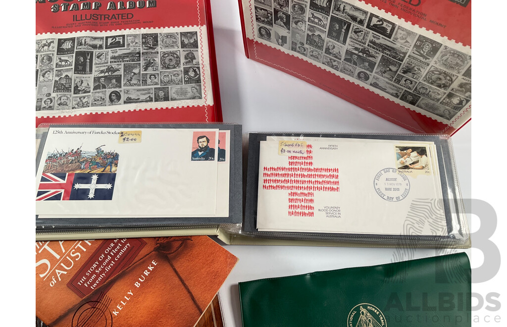 Album of Australian 1978/1979 First Day Covers with 1938 KGV Twopence Prepaid Envelope, Two Empty Seven Seas Hingeless Stamp Albums 1914 to 1985, Golden Days of Radio Postal Stamp Pack, The Stamp of Australia Book