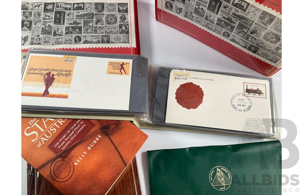 Album of Australian 1978/1979 First Day Covers with 1938 KGV Twopence Prepaid Envelope, Two Empty Seven Seas Hingeless Stamp Albums 1914 to 1985, Golden Days of Radio Postal Stamp Pack, The Stamp of Australia Book