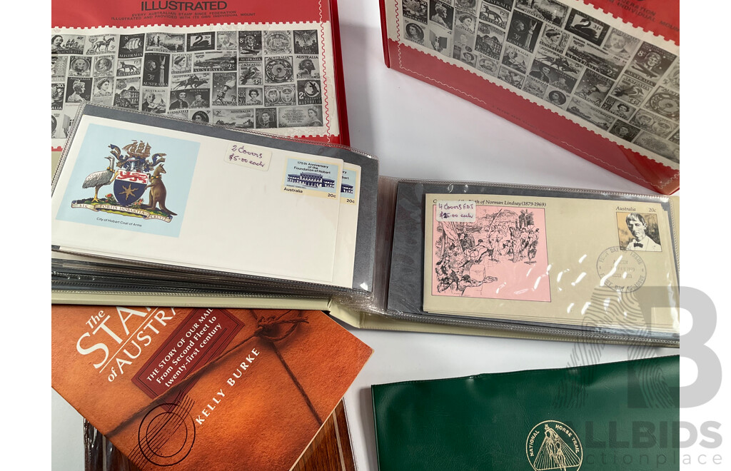 Album of Australian 1978/1979 First Day Covers with 1938 KGV Twopence Prepaid Envelope, Two Empty Seven Seas Hingeless Stamp Albums 1914 to 1985, Golden Days of Radio Postal Stamp Pack, The Stamp of Australia Book