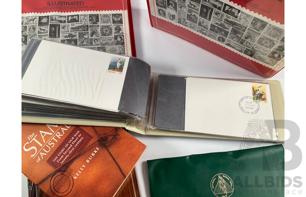 Album of Australian 1978/1979 First Day Covers with 1938 KGV Twopence Prepaid Envelope, Two Empty Seven Seas Hingeless Stamp Albums 1914 to 1985, Golden Days of Radio Postal Stamp Pack, The Stamp of Australia Book