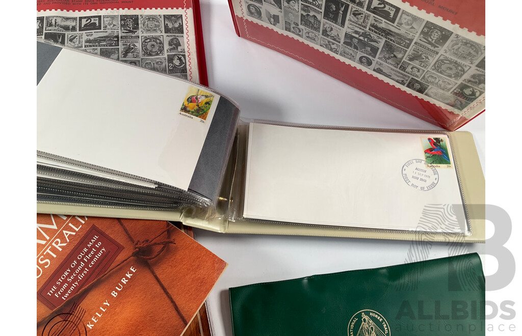 Album of Australian 1978/1979 First Day Covers with 1938 KGV Twopence Prepaid Envelope, Two Empty Seven Seas Hingeless Stamp Albums 1914 to 1985, Golden Days of Radio Postal Stamp Pack, The Stamp of Australia Book