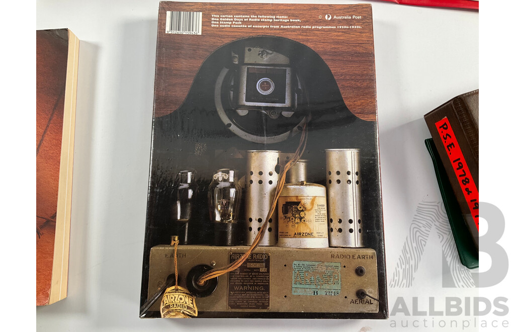 Album of Australian 1978/1979 First Day Covers with 1938 KGV Twopence Prepaid Envelope, Two Empty Seven Seas Hingeless Stamp Albums 1914 to 1985, Golden Days of Radio Postal Stamp Pack, The Stamp of Australia Book
