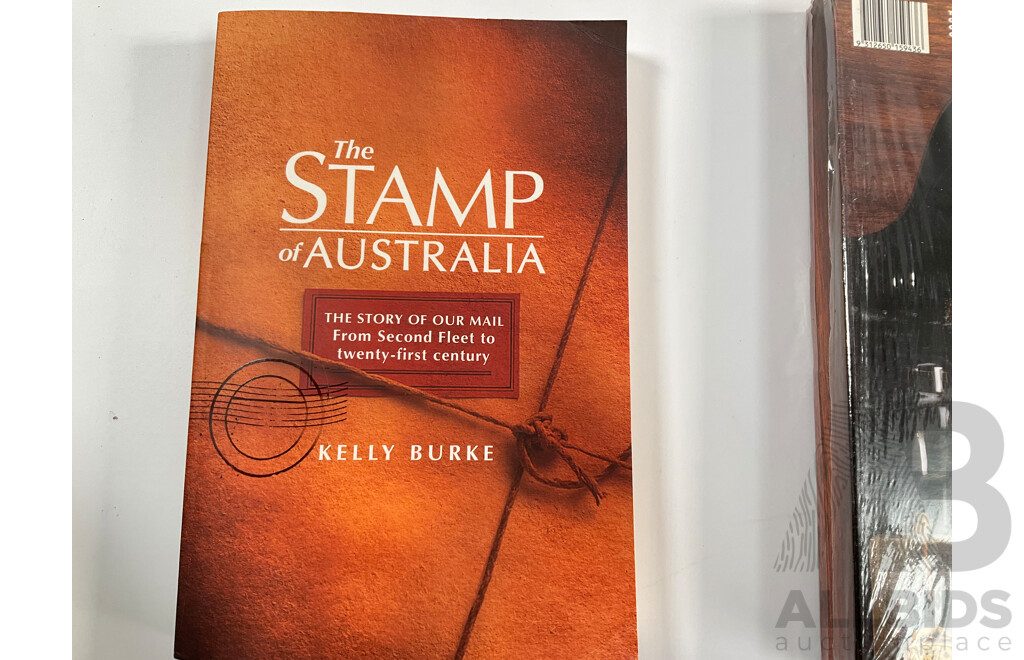 Album of Australian 1978/1979 First Day Covers with 1938 KGV Twopence Prepaid Envelope, Two Empty Seven Seas Hingeless Stamp Albums 1914 to 1985, Golden Days of Radio Postal Stamp Pack, The Stamp of Australia Book