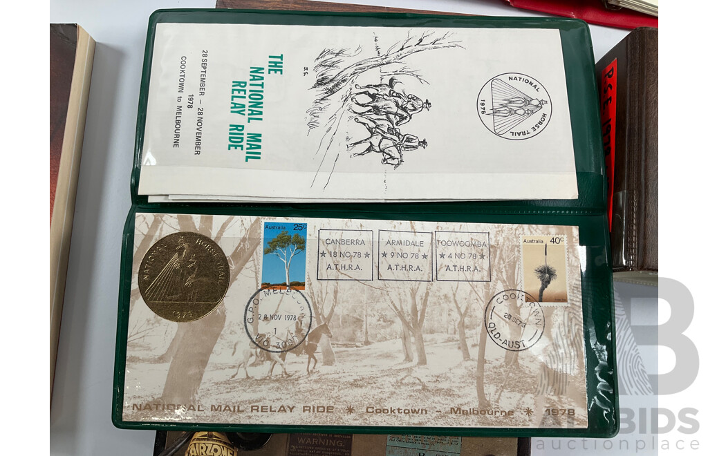Album of Australian 1978/1979 First Day Covers with 1938 KGV Twopence Prepaid Envelope, Two Empty Seven Seas Hingeless Stamp Albums 1914 to 1985, Golden Days of Radio Postal Stamp Pack, The Stamp of Australia Book