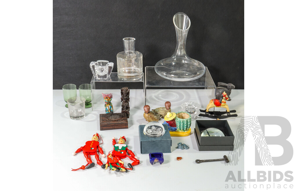 Two Villeroy and Boch Glass Candle Holders, Orrefors Glass Candle Holder, Krosno Wine Decanter, Two Gempo Ducks, Cast Iron Rabbit, Amalfi and ACT Government Paper Weights, Timber Puppets