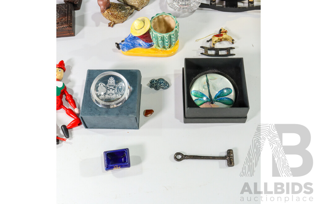 Two Villeroy and Boch Glass Candle Holders, Orrefors Glass Candle Holder, Krosno Wine Decanter, Two Gempo Ducks, Cast Iron Rabbit, Amalfi and ACT Government Paper Weights, Timber Puppets