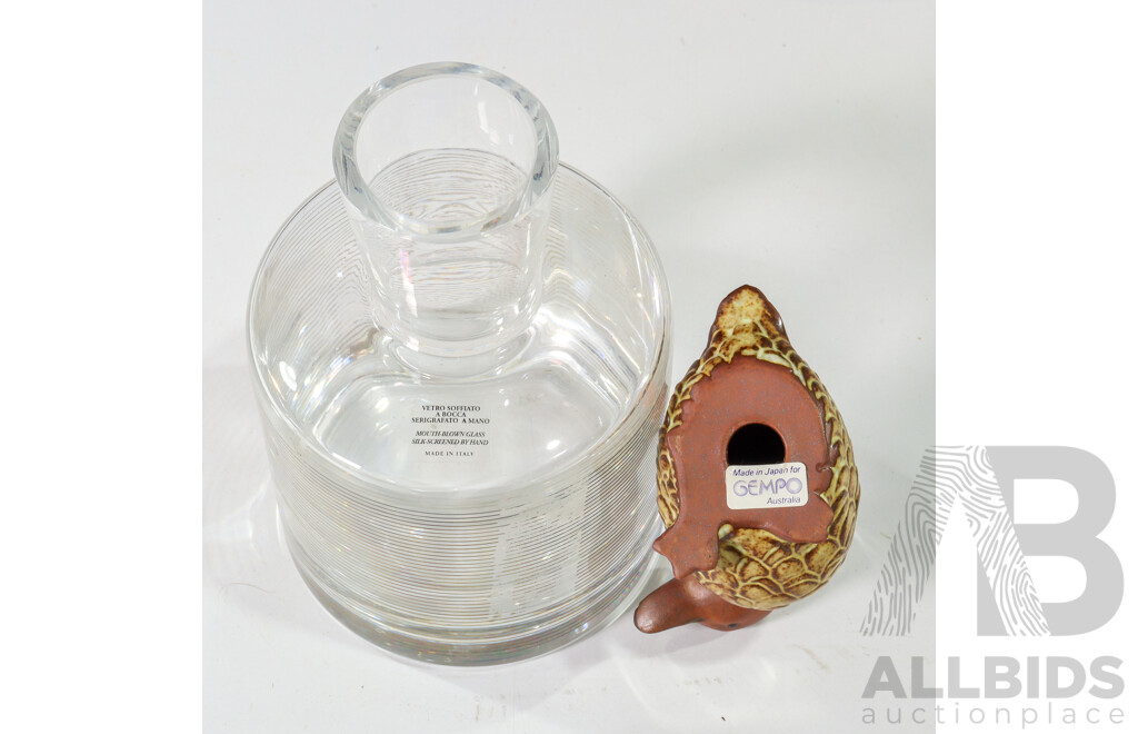 Two Villeroy and Boch Glass Candle Holders, Orrefors Glass Candle Holder, Krosno Wine Decanter, Two Gempo Ducks, Cast Iron Rabbit, Amalfi and ACT Government Paper Weights, Timber Puppets