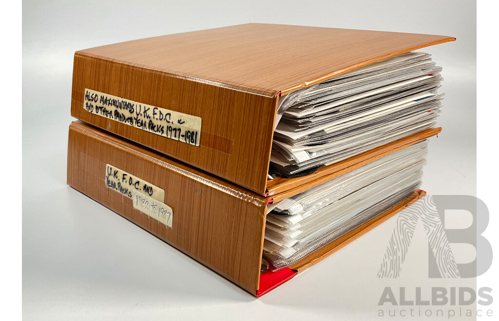 Two Albums of United Kingdom First Day Covers, Stamp Packs and Maximum Cards Spanning 1977 to 1987 Including Consecutive Year Packs 1981 to 1987