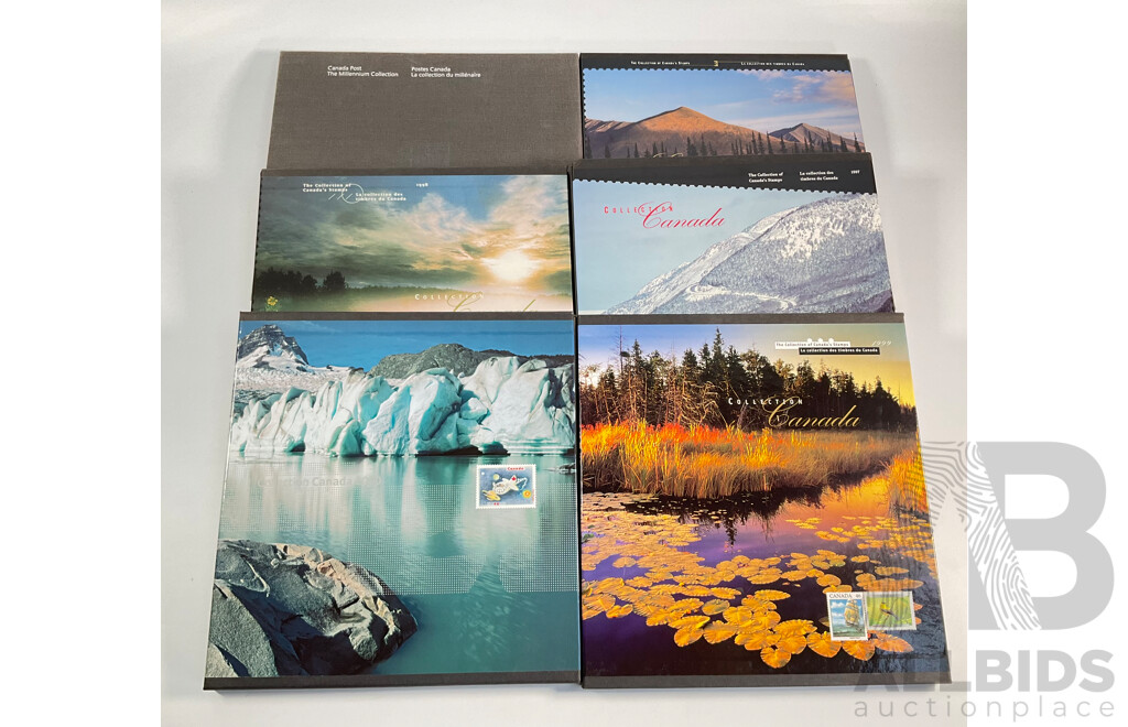 Six Canadian Annual Stamp Albums Including 1996, 1997, 1998, 1999, 2000, 2000 Millennium Collection