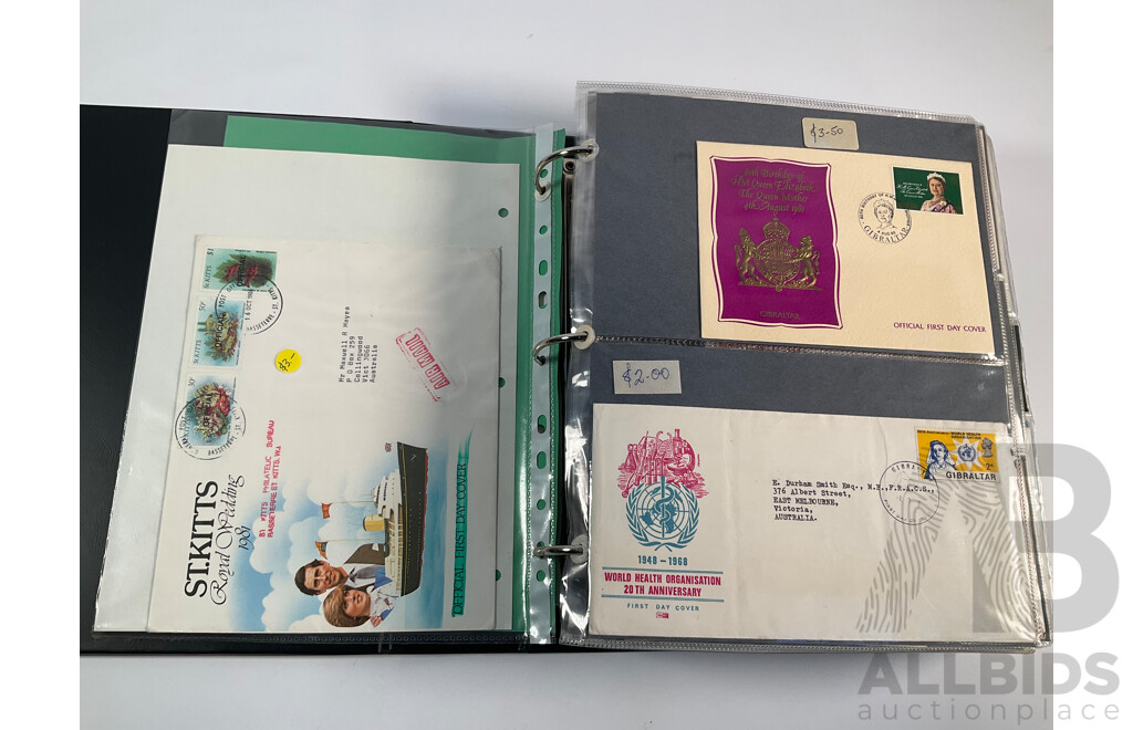 Album of Vintage International First Day Covers Including India, Gibraltar, South Africa, Singapore, Malaysia, Sarawak, Fiji, Pitcairn Islands, Solomon Islands