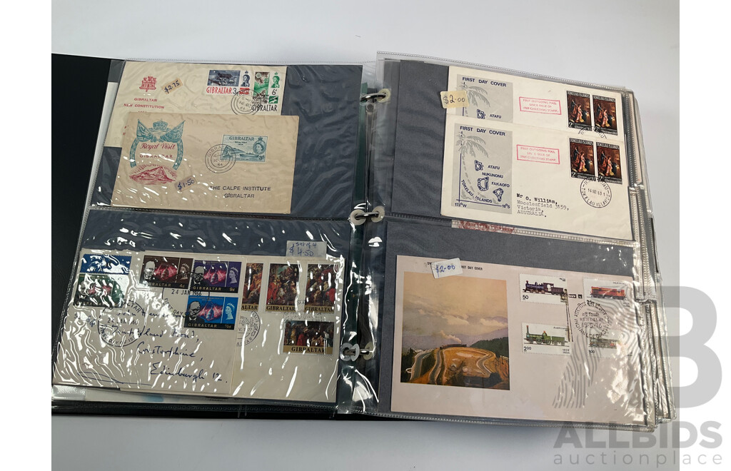 Album of Vintage International First Day Covers Including India, Gibraltar, South Africa, Singapore, Malaysia, Sarawak, Fiji, Pitcairn Islands, Solomon Islands