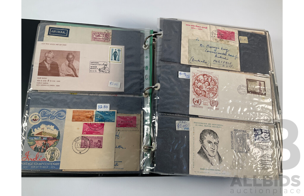 Album of Vintage International First Day Covers Including India, Gibraltar, South Africa, Singapore, Malaysia, Sarawak, Fiji, Pitcairn Islands, Solomon Islands