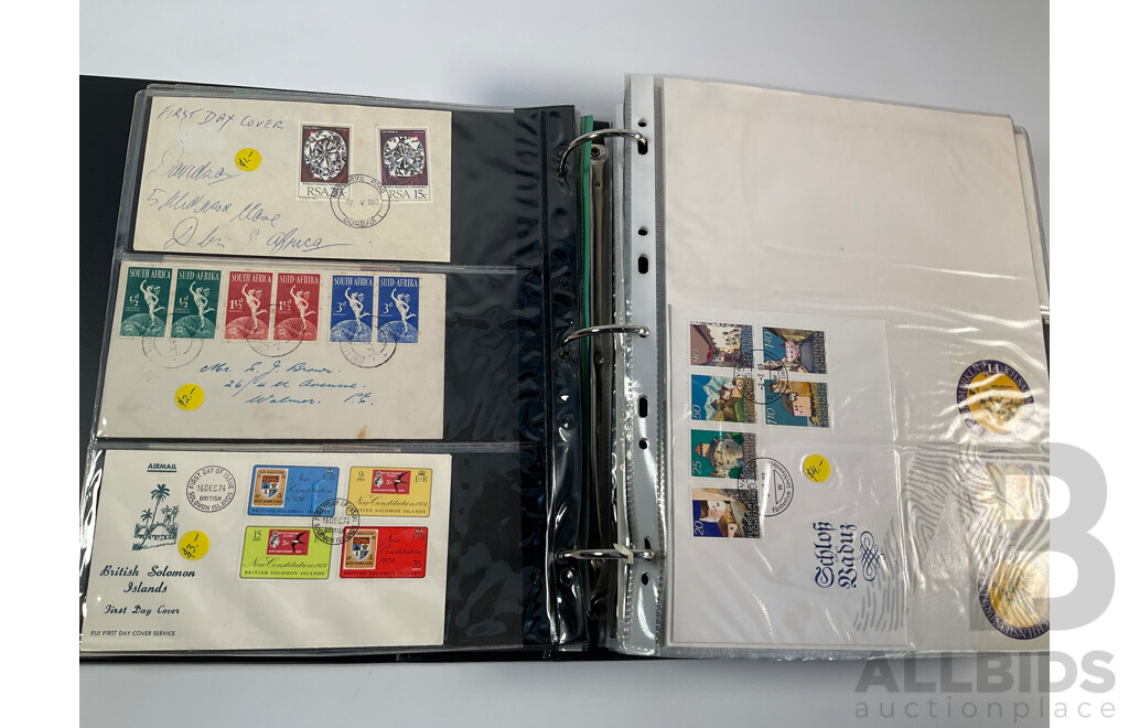 Album of Vintage International First Day Covers Including India, Gibraltar, South Africa, Singapore, Malaysia, Sarawak, Fiji, Pitcairn Islands, Solomon Islands