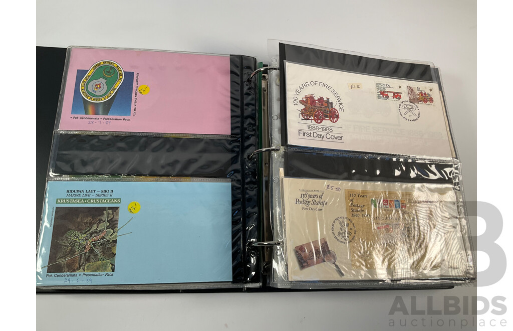 Album of Vintage International First Day Covers Including India, Gibraltar, South Africa, Singapore, Malaysia, Sarawak, Fiji, Pitcairn Islands, Solomon Islands