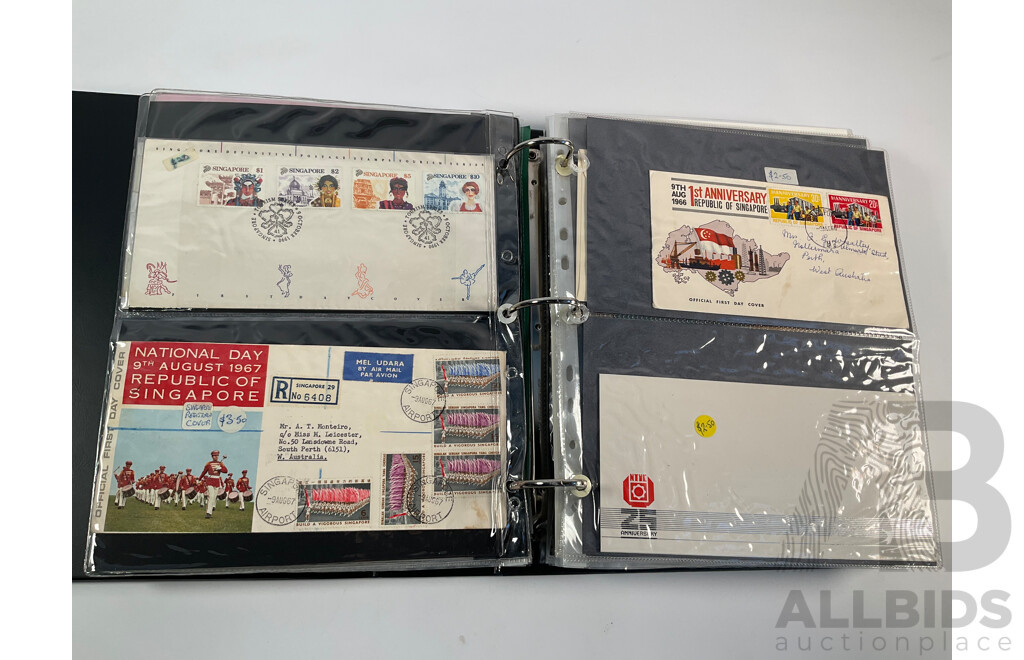 Album of Vintage International First Day Covers Including India, Gibraltar, South Africa, Singapore, Malaysia, Sarawak, Fiji, Pitcairn Islands, Solomon Islands