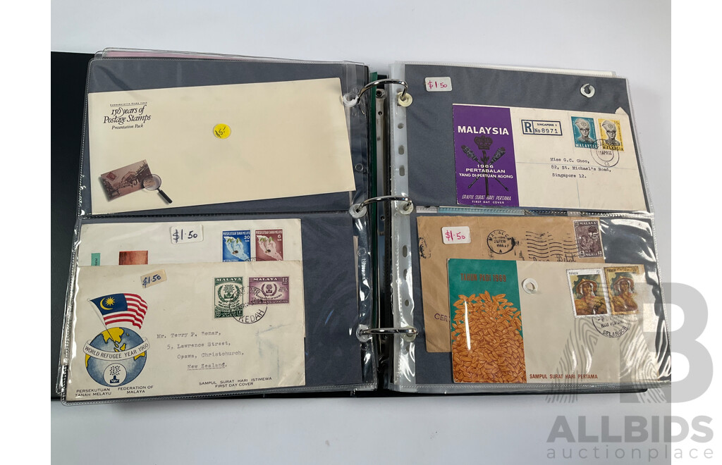 Album of Vintage International First Day Covers Including India, Gibraltar, South Africa, Singapore, Malaysia, Sarawak, Fiji, Pitcairn Islands, Solomon Islands