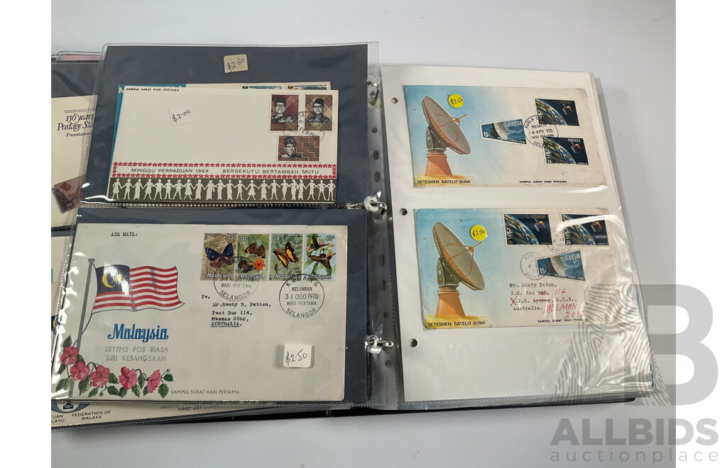 Album of Vintage International First Day Covers Including India, Gibraltar, South Africa, Singapore, Malaysia, Sarawak, Fiji, Pitcairn Islands, Solomon Islands