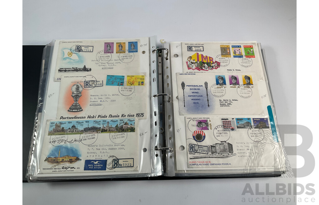 Album of Vintage International First Day Covers Including India, Gibraltar, South Africa, Singapore, Malaysia, Sarawak, Fiji, Pitcairn Islands, Solomon Islands