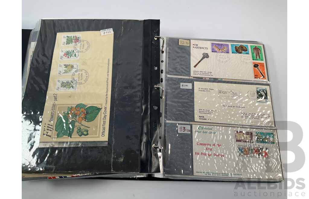 Album of Vintage International First Day Covers Including India, Gibraltar, South Africa, Singapore, Malaysia, Sarawak, Fiji, Pitcairn Islands, Solomon Islands