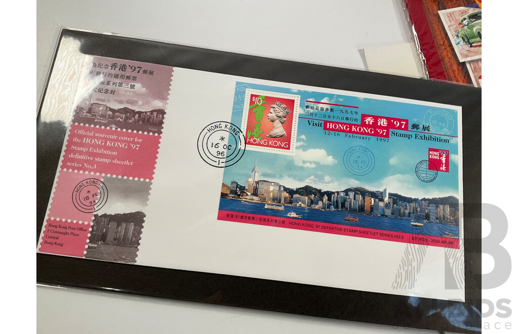 Collection of International Stamp Packs and First Day Covers Including United Stamps of All Nations Series, Australia, New Zealand, Hong Kong, China, Poland