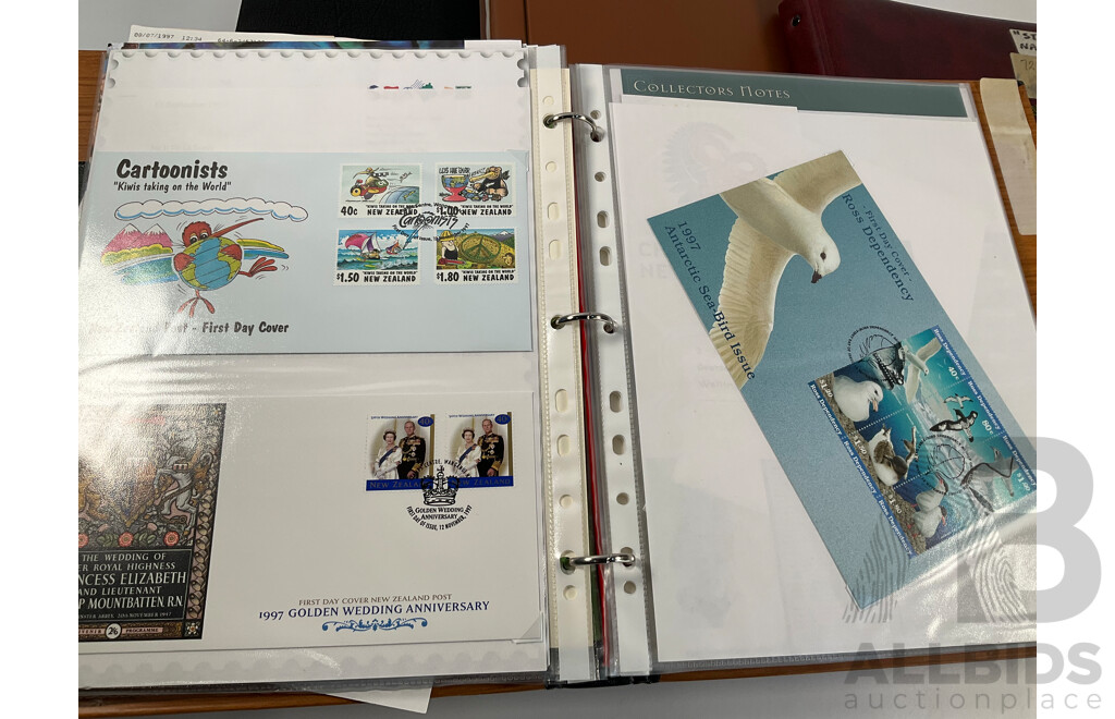 Collection of International Stamp Packs and First Day Covers Including United Stamps of All Nations Series, Australia, New Zealand, Hong Kong, China, Poland