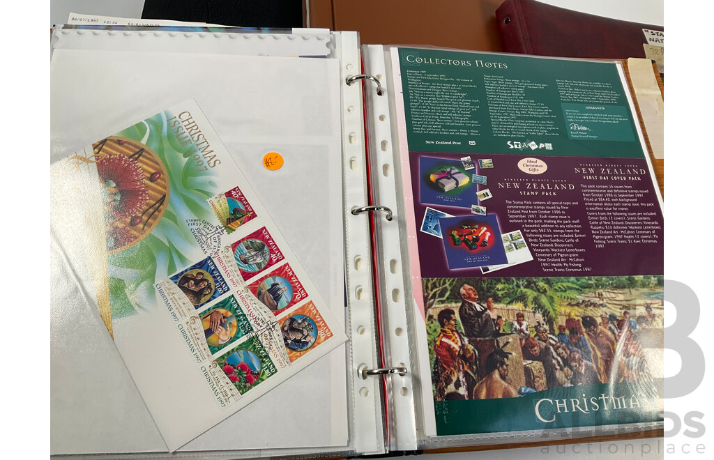 Collection of International Stamp Packs and First Day Covers Including United Stamps of All Nations Series, Australia, New Zealand, Hong Kong, China, Poland