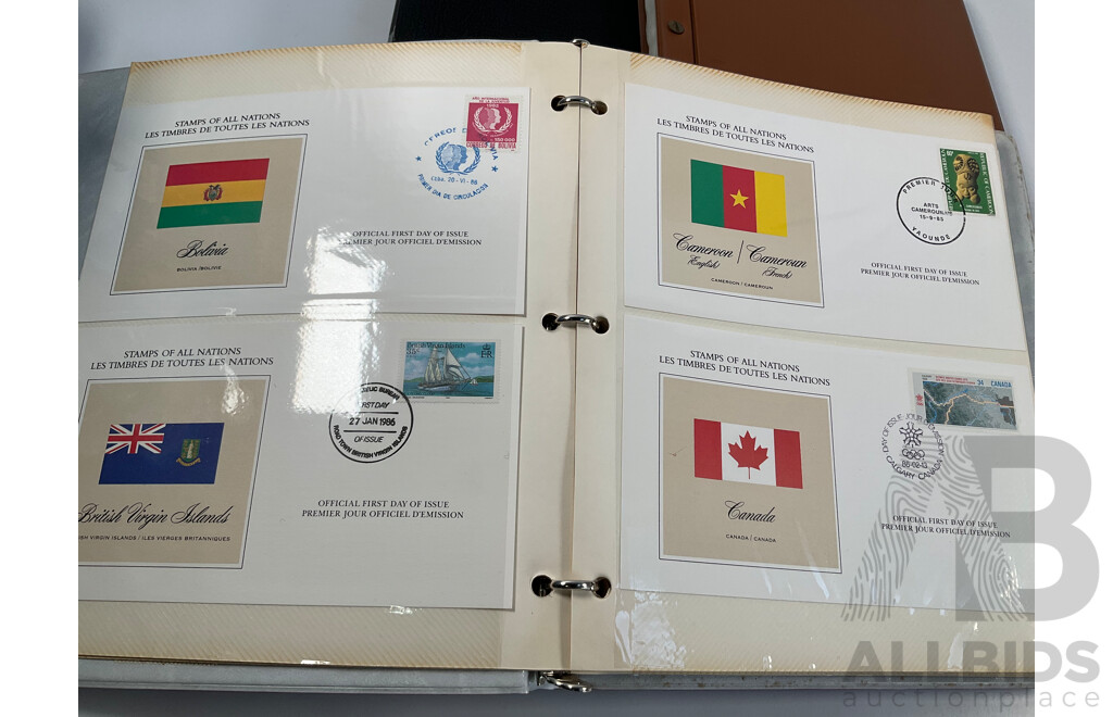 Collection of International Stamp Packs and First Day Covers Including United Stamps of All Nations Series, Australia, New Zealand, Hong Kong, China, Poland