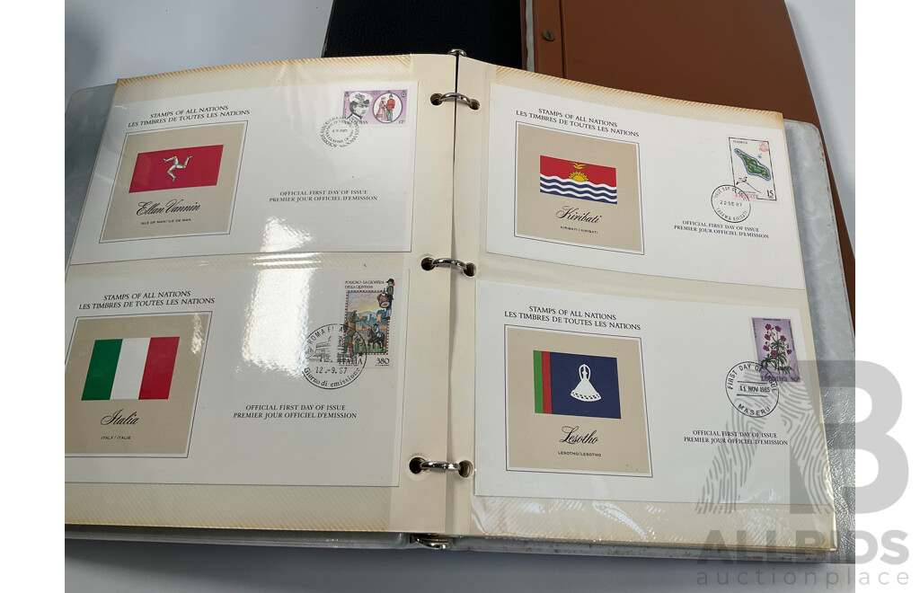 Collection of International Stamp Packs and First Day Covers Including United Stamps of All Nations Series, Australia, New Zealand, Hong Kong, China, Poland
